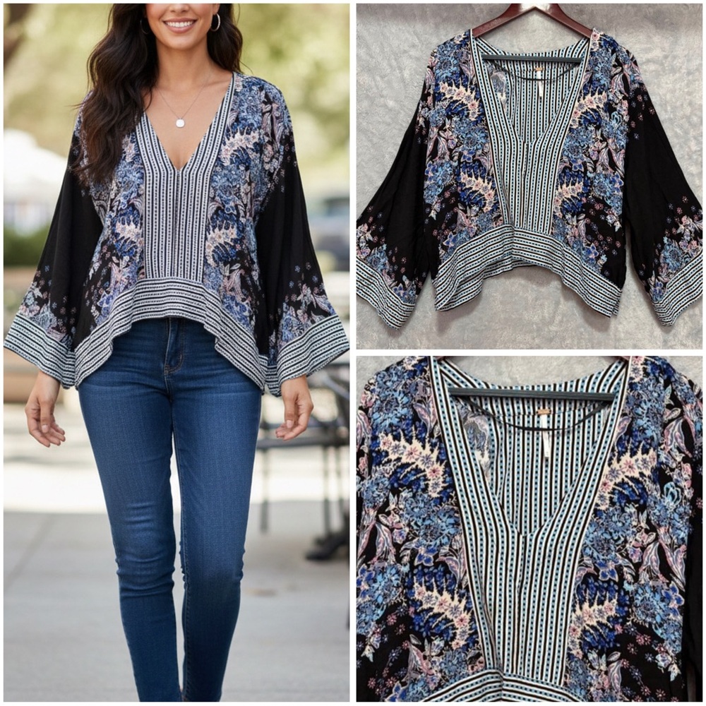 Free People Kaftan Striped Floral Bell Sleeve Tunic Top M Black Blue